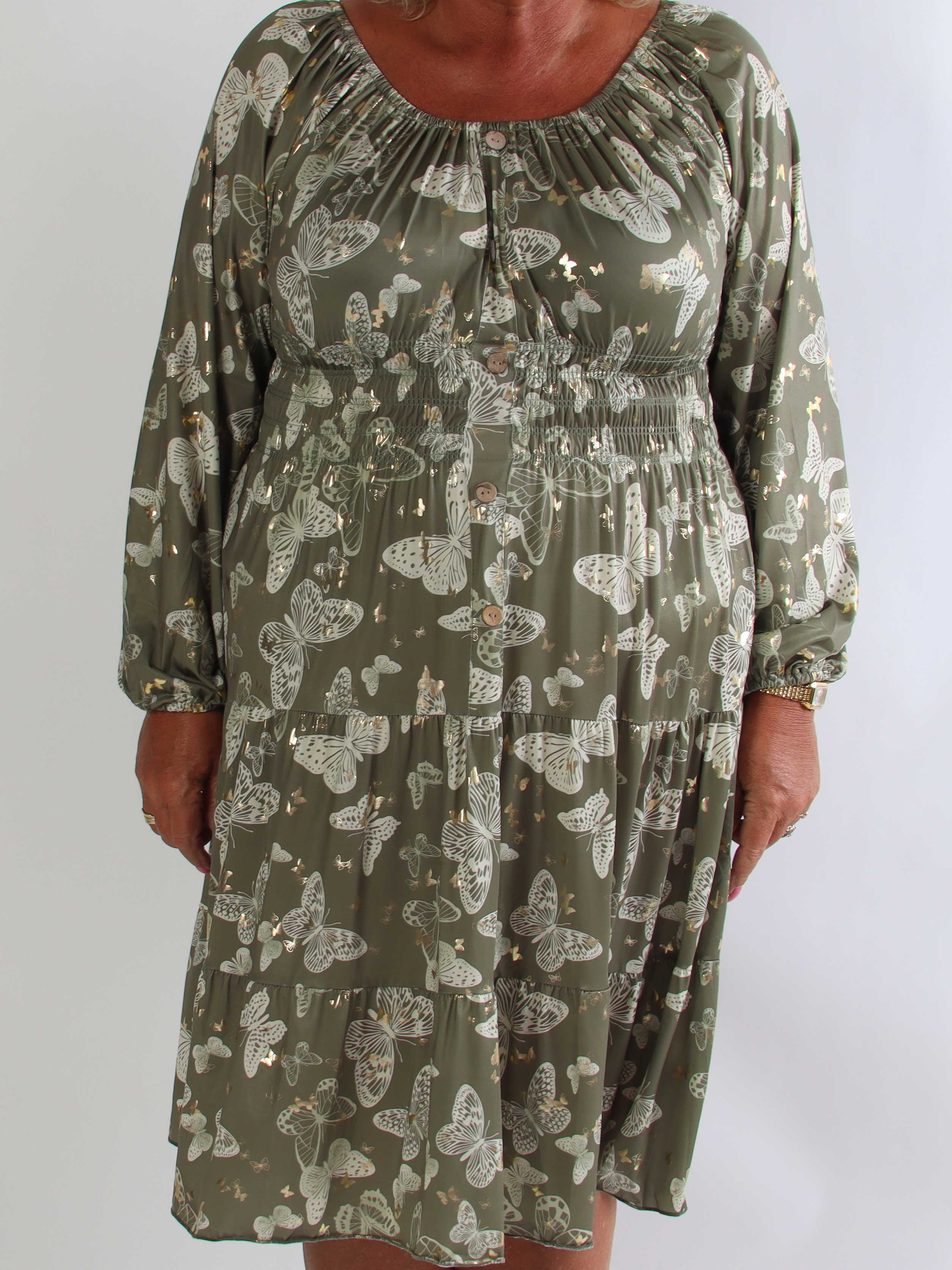 Tea Butterfly L/S - Plus size kjole med elastik i livet og sommerfugleprint